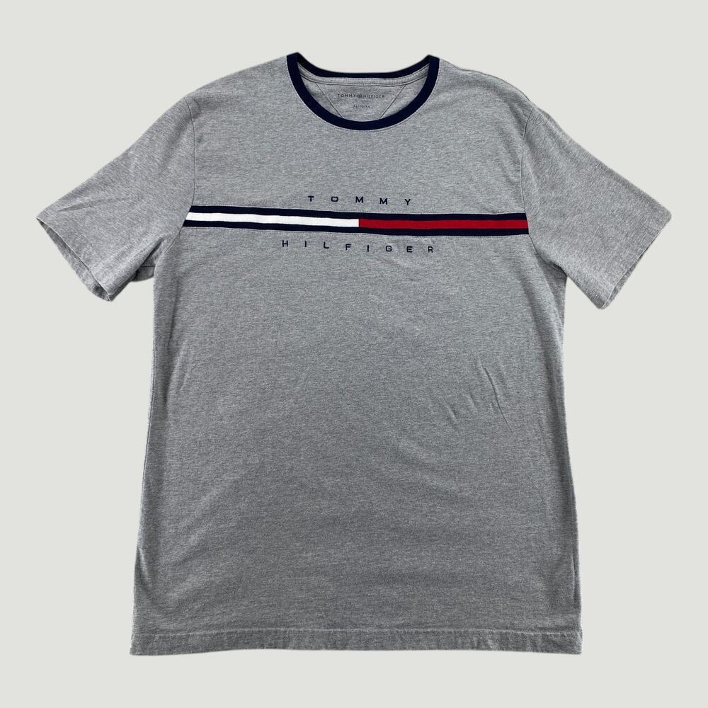 Tommy Hilfiger Stripe Logo T Shirt XL Gray Ringer Tee